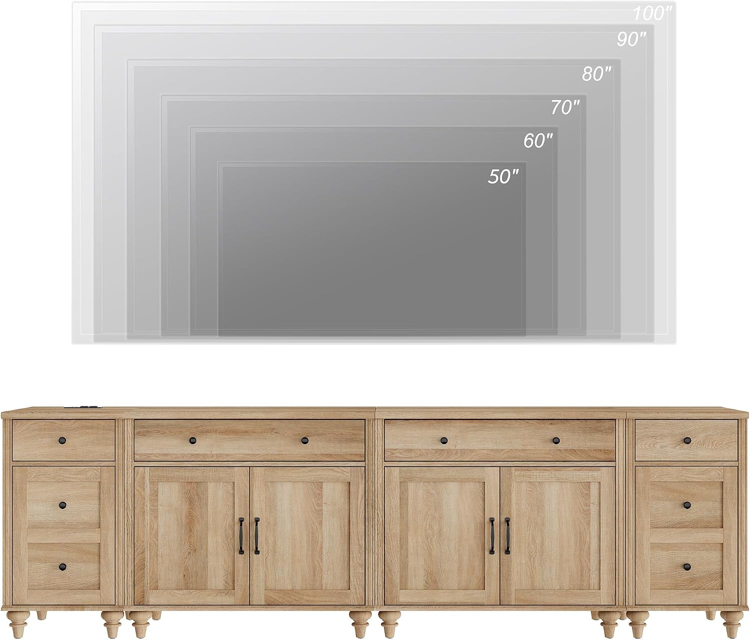 WAMPAT Farmhouse TV Stand for 100 Inch TV, 4-in-1 TV Console Table for 75/80/85/90 Inch TV, Entertainment Center with Charging Station, Kitchen Sideboard Buffet Cabinet for Dining Room, Oak