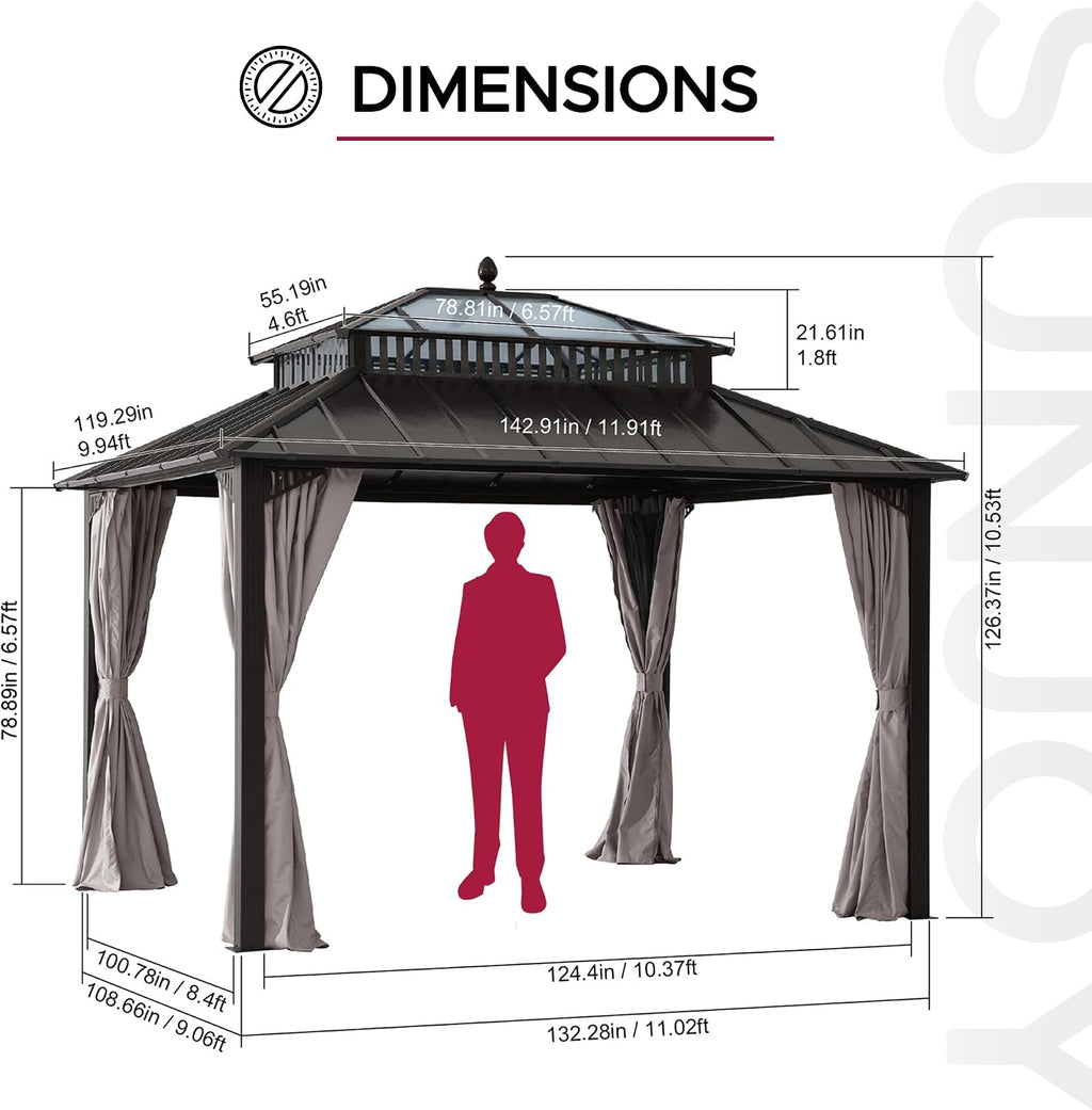 SUNJOY Kingston 14' x 12' Hardtop Gazebo with Galvanized Steel/Polycarbonate Double Roof, Curtain and Netting, Brown Aluminum Posts Permanent Pavilion Gazebo for Garden, Patio, Deck, Lawn