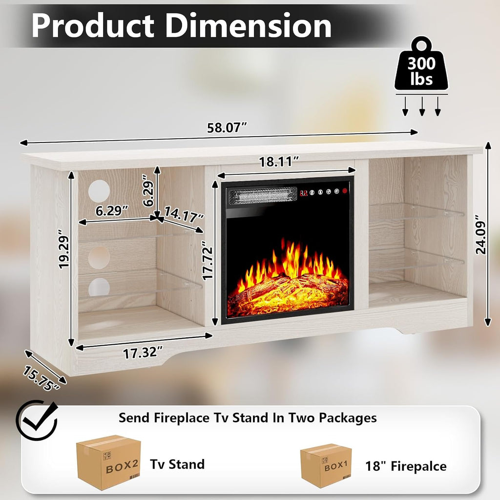 TAVATA Fireplace TV Stand with 18''Fireplace, Modern Entertainment Center for TVs up to 65 inch, Media TV Console with Adjustable Glass Shelves and Storage Cabinets (Beige)