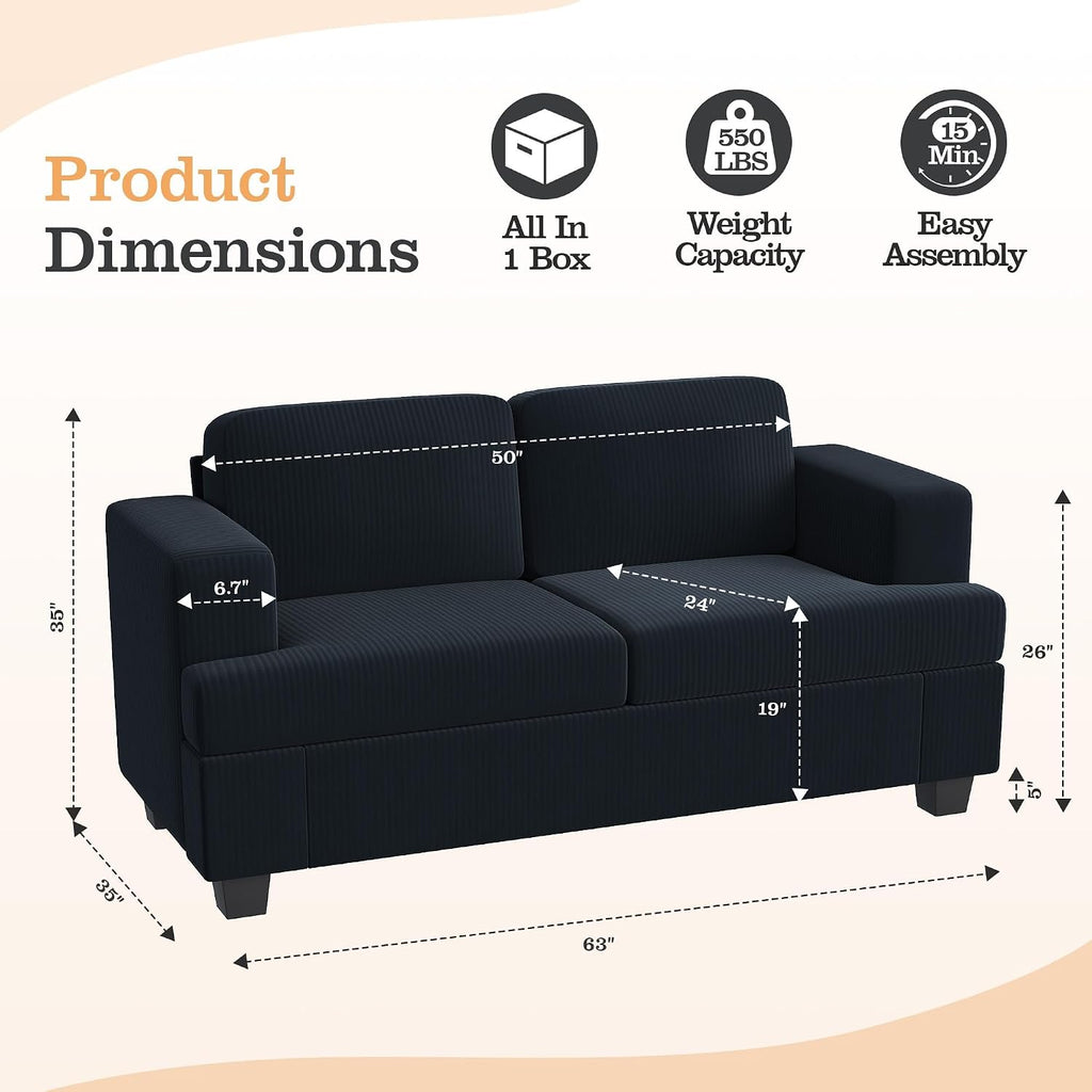 Apicizon Modern Loveseat Set of 2 & 3-Seater Sofa, Corduroy Couch 3 Piece Sofa Set for Living Room, Modern Lounge Sofa Couches for Apartment Lounge, Black