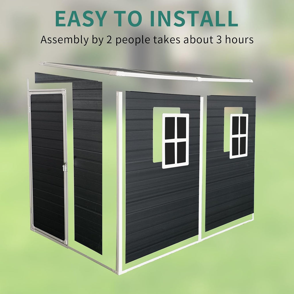 Storage Shed, 4x8ft Outdoor Storage Shed with Floor Included with 2 Windows and Lockable Door, Resin Sheds for House Garden Tools, Bike, Motorcycle, Lawn Mover, Lean to Shed, Black