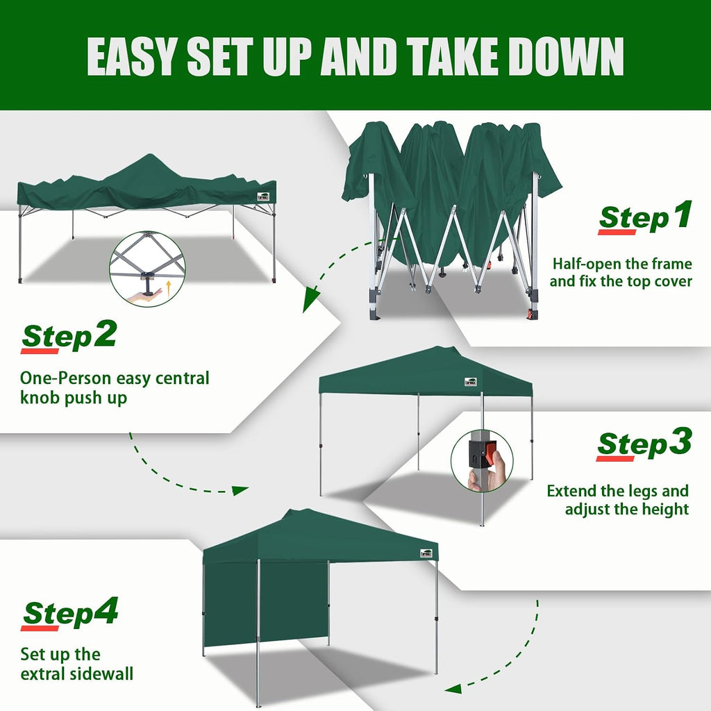 Eurmax USA NOMATTER ONE-Person Open&Close 10x10ft Pop Up Canopy Tent,Portable Shelter for Outdoor Events with 1 Removable Sidewall,Instant Canopies,Temporary Sunshade,Bonus 4 Sand Bags (Forest Green)