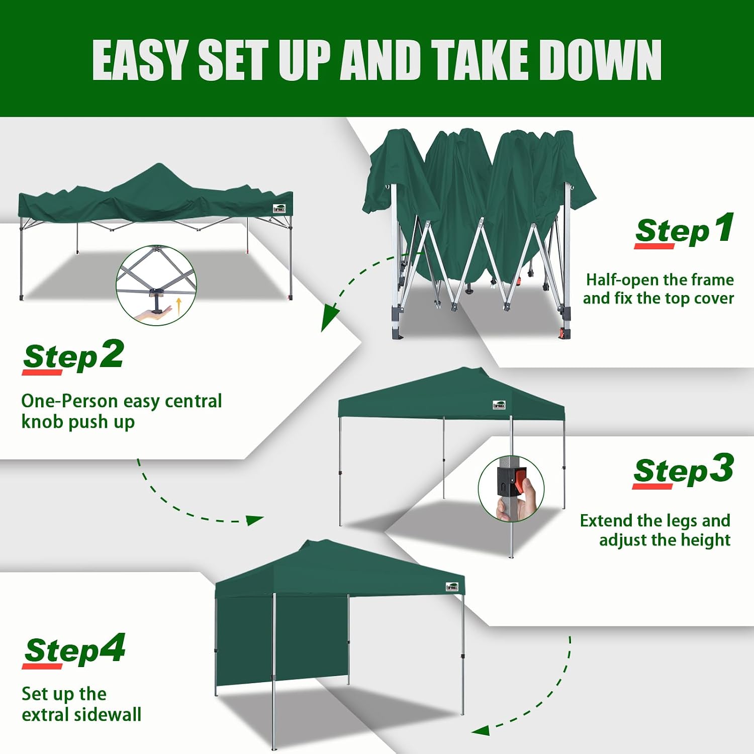 Eurmax USA NOMATTER ONE-Person Open&Close 10x10ft Pop Up Canopy Tent,Portable Shelter for Outdoor Events with 1 Removable Sidewall,Instant Canopies,Temporary Sunshade,Bonus 4 Sand Bags (Forest Green)