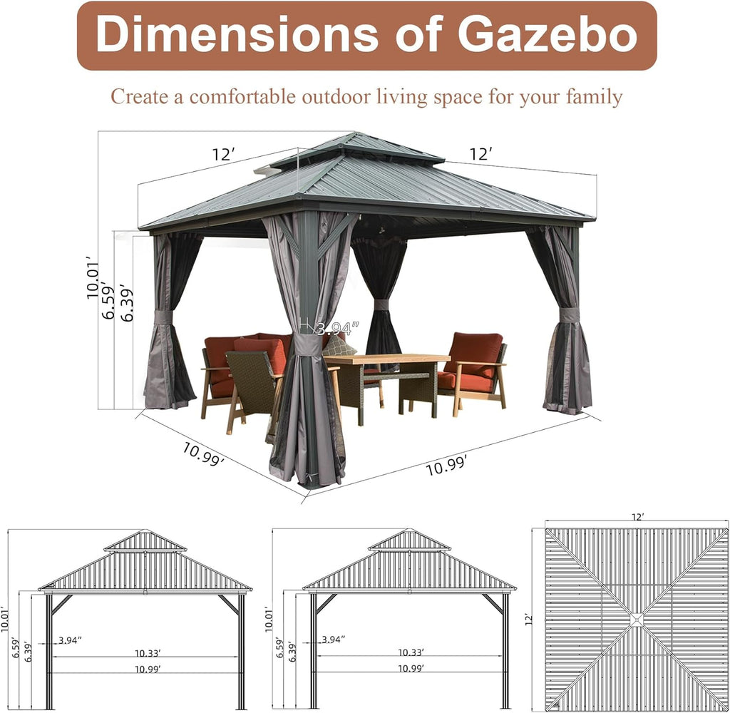 12' x 12' Hardtop Gazebo, Outdoor Aluminum Gazebo with Galvanized Steel Double Roof Canopy, Outdoor Permanent Metal Pavilion with Curtains and Netting for Patio, Backyard and Lawn, Dark Grey