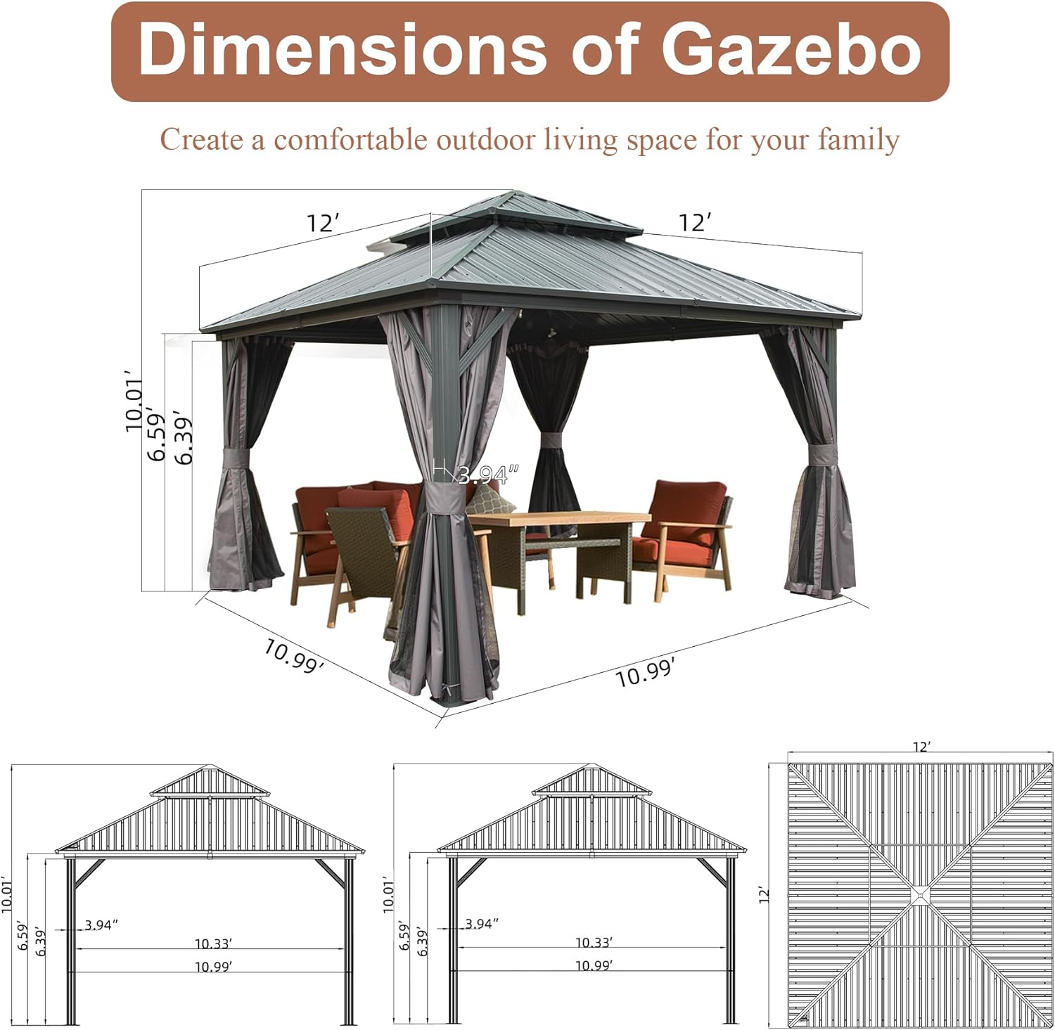 12' x 12' Hardtop Gazebo, Outdoor Aluminum Gazebo with Galvanized Steel Double Roof Canopy, Outdoor Permanent Metal Pavilion with Curtains and Netting for Patio, Backyard and Lawn, Dark Grey