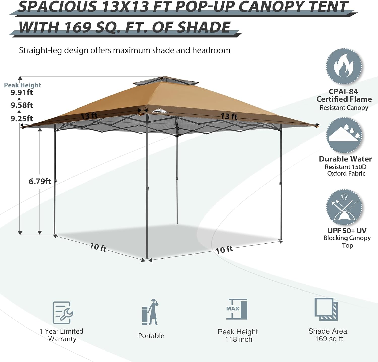 EAGLE PEAK 13x13 Straight Leg Pop Up Canopy Tent Instant Outdoor Canopy Easy Single Person Set up Folding Shelter w/Auto Extending Eaves 169 Square Feet of Shade (Sand/Brown)