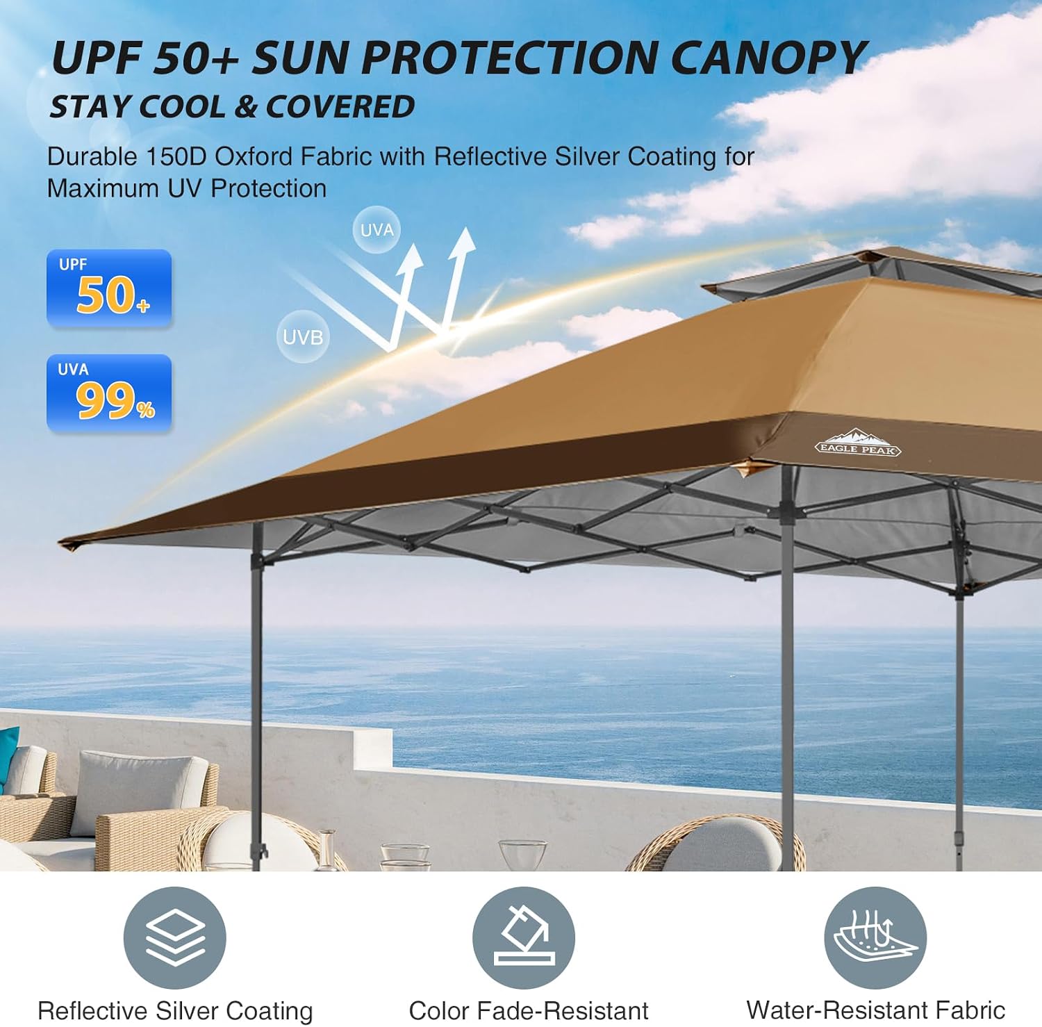 EAGLE PEAK 13x13 Straight Leg Pop Up Canopy Tent Instant Outdoor Canopy Easy Single Person Set up Folding Shelter w/Auto Extending Eaves 169 Square Feet of Shade (Sand/Brown)