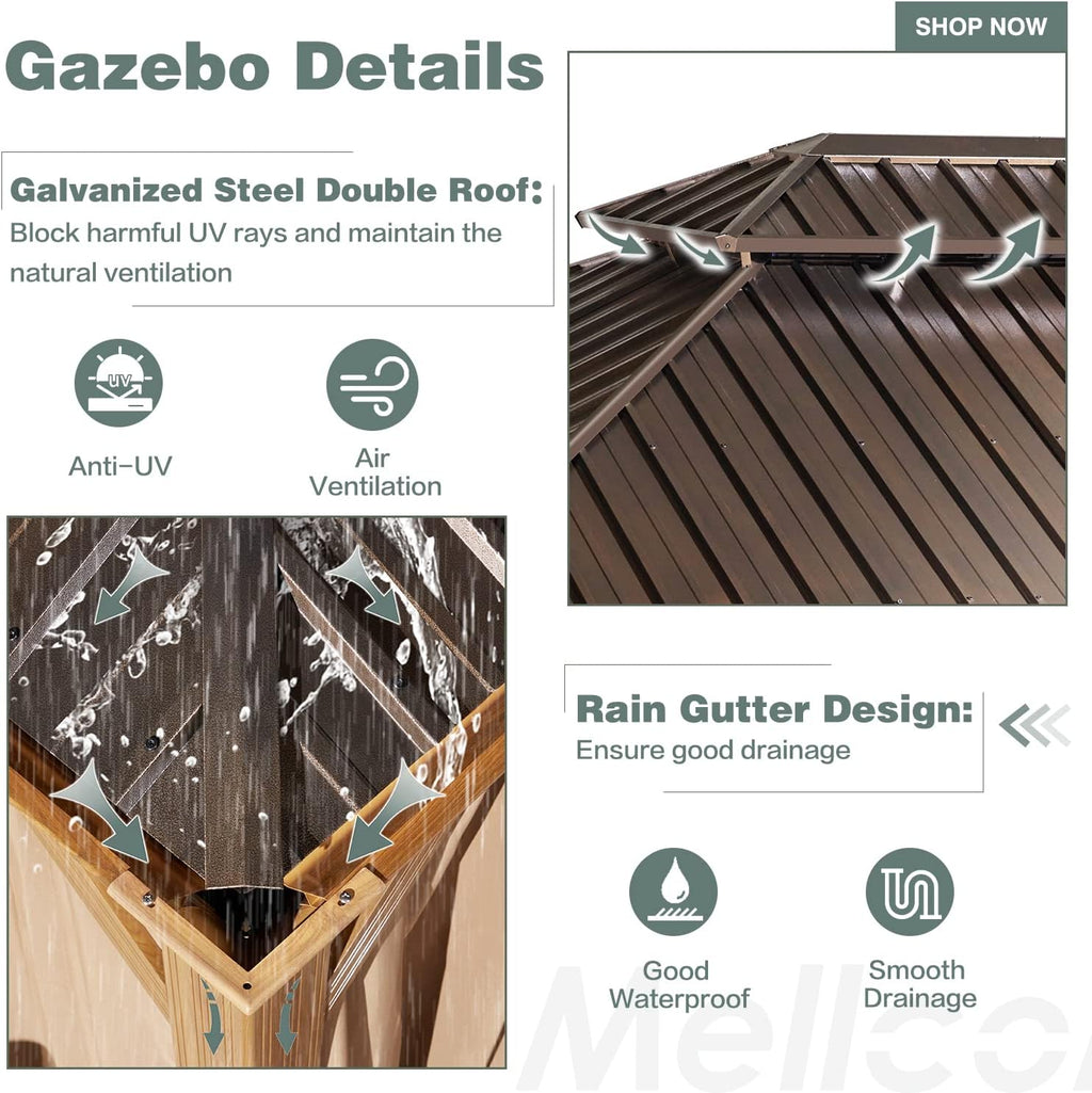 MELLCOM 12' x 16' Gazebo, Wooden Finish Coated Aluminum Frame Hardtop Gazebo with Galvanized Steel Double Roof, Outdoor Permanent Metal Pavilion with Curtains and Nettings for Patios, Gardens, Lawns