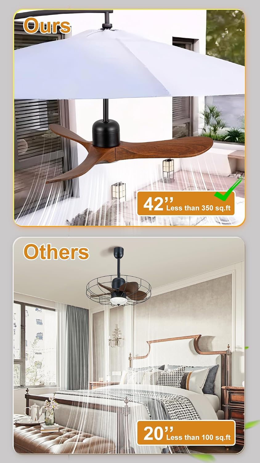 42 Inch Outdoor Ceiling Fan with Light and Remote, Wet Rated Wood Gazebo Fan with 16ft Plug-in Cord, 3 Walnut Blades Farmhouse Patio Fan, Reversible DC Motor, Memory Function, Matte Black
