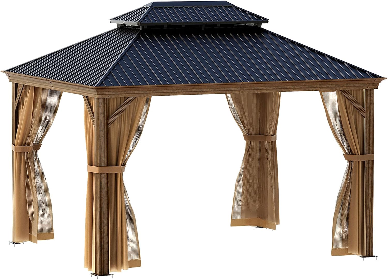 HOMPUS 10X12FT Outdoor Gazebo, Hardtop Gazebowith Galvanized Steel Double Roof, Heavy Duty Metal Gazebos with Netting & Curtains, Patio Aluminum Pavilion for Garden, Backyard, Deck, Drak Walnut