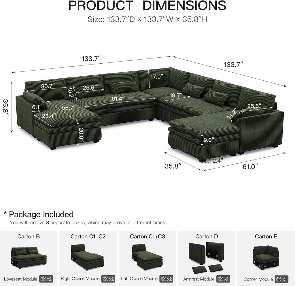 Belffin Large Modular Sectional Sofa with Double Deep Chaise and Loveseat, Corduroy U Shaped Couch with 9' Soft Dual-Layer 9 Seats Cushion for Living Room, Apartment, Green