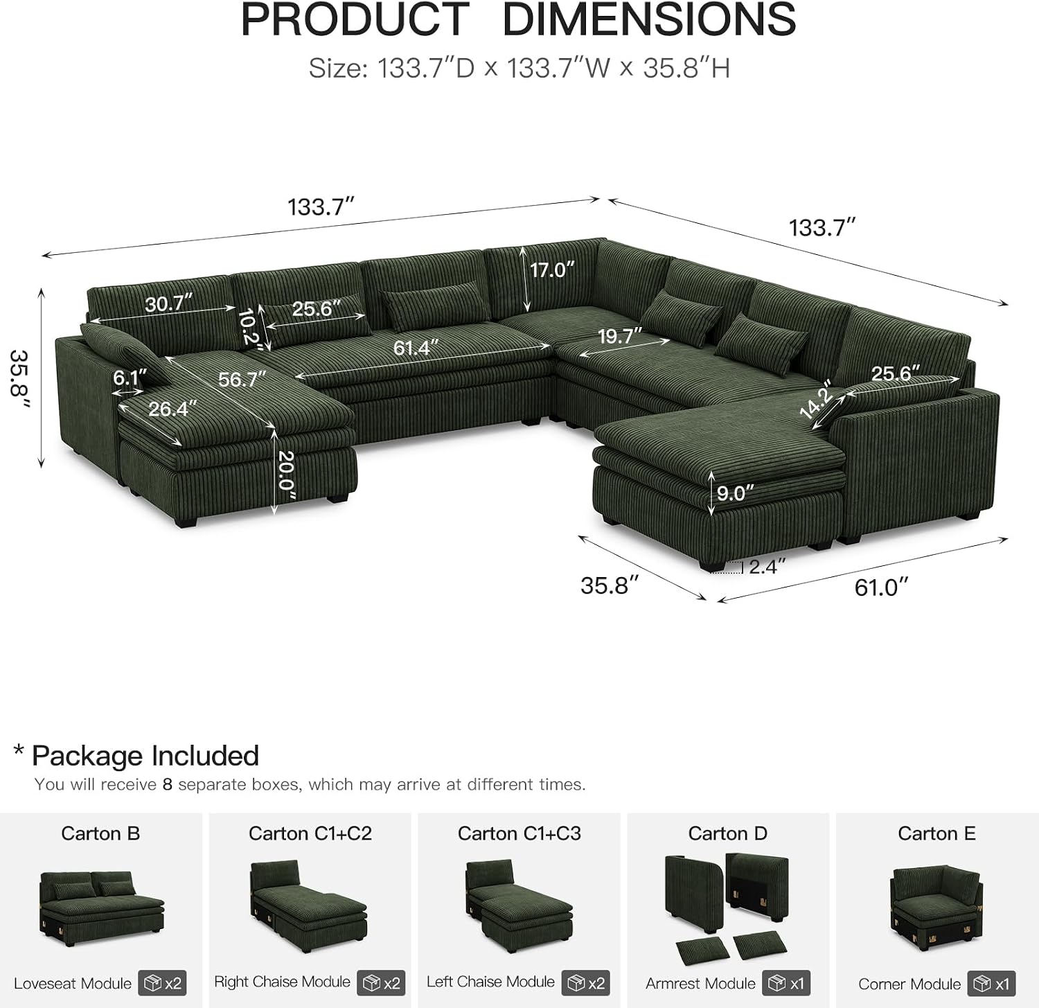 Belffin Large Modular Sectional Sofa with Double Deep Chaise and Loveseat, Corduroy U Shaped Couch with 9' Soft Dual-Layer 9 Seats Cushion for Living Room, Apartment, Green