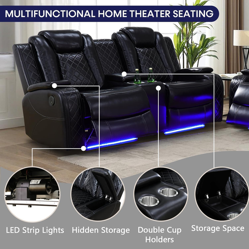 Power Recliner Set with LED Lights, Air Leather Reclining Set with USB Port/Wireless Charger/Storage Console/Cup Holder for House/HomeTheater/Apt (Black, Loveseat+2Chairs)