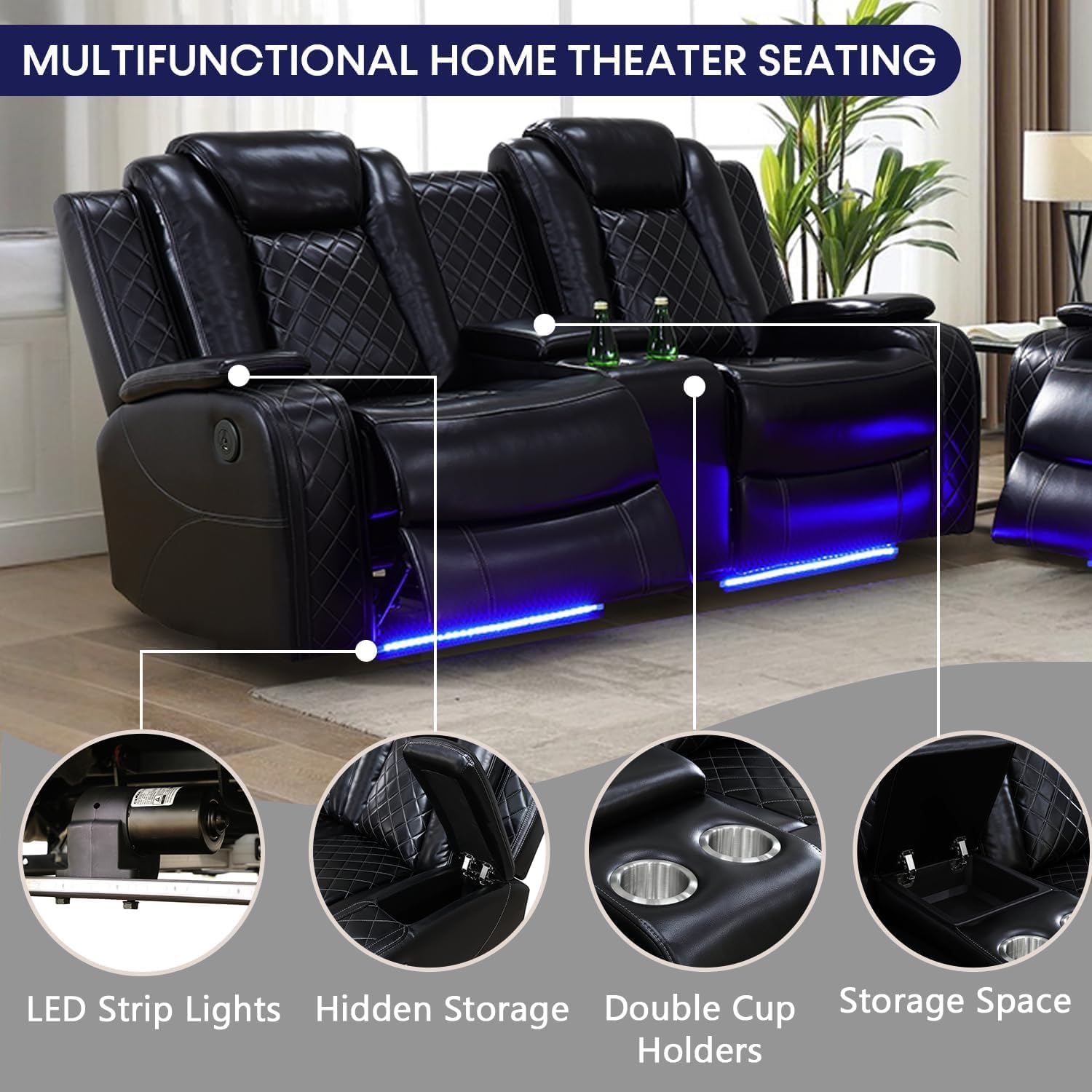Power Recliner Set with LED Lights, Air Leather Reclining Set with USB Port/Wireless Charger/Storage Console/Cup Holder for House/HomeTheater/Apt (Black, Loveseat+2Chairs)