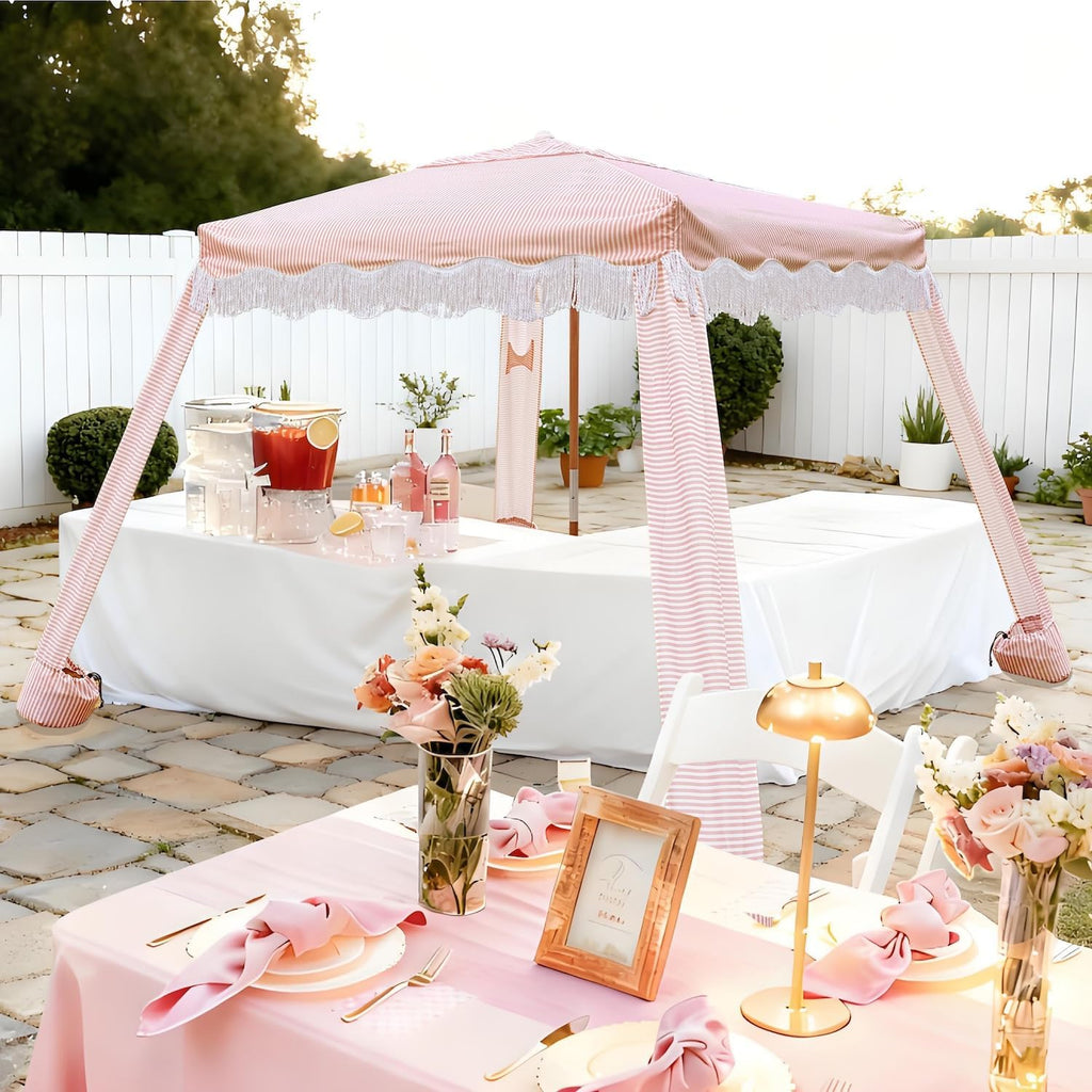 AMMSUN Beach Cabana with Fringe, 7' x 7' Boho Beach Canopy with Tassels, Easy Set up & Premium Wood Pole, Cabana Tent with Sand Pockets, Instant Sun Shade for Sand, Garden, Patio, Pink Stripes