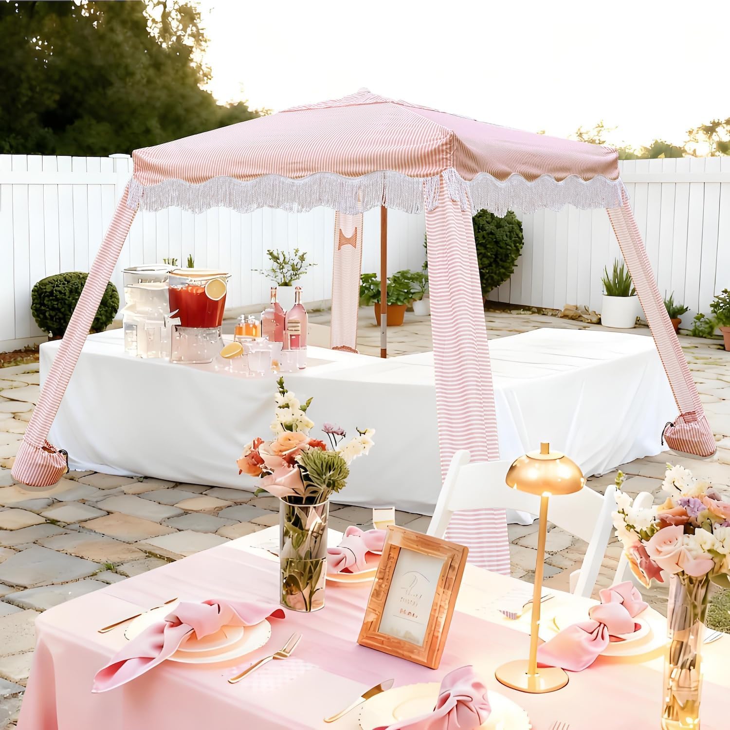 AMMSUN Beach Cabana with Fringe, 7' x 7' Boho Beach Canopy with Tassels, Easy Set up & Premium Wood Pole, Cabana Tent with Sand Pockets, Instant Sun Shade for Sand, Garden, Patio, Pink Stripes