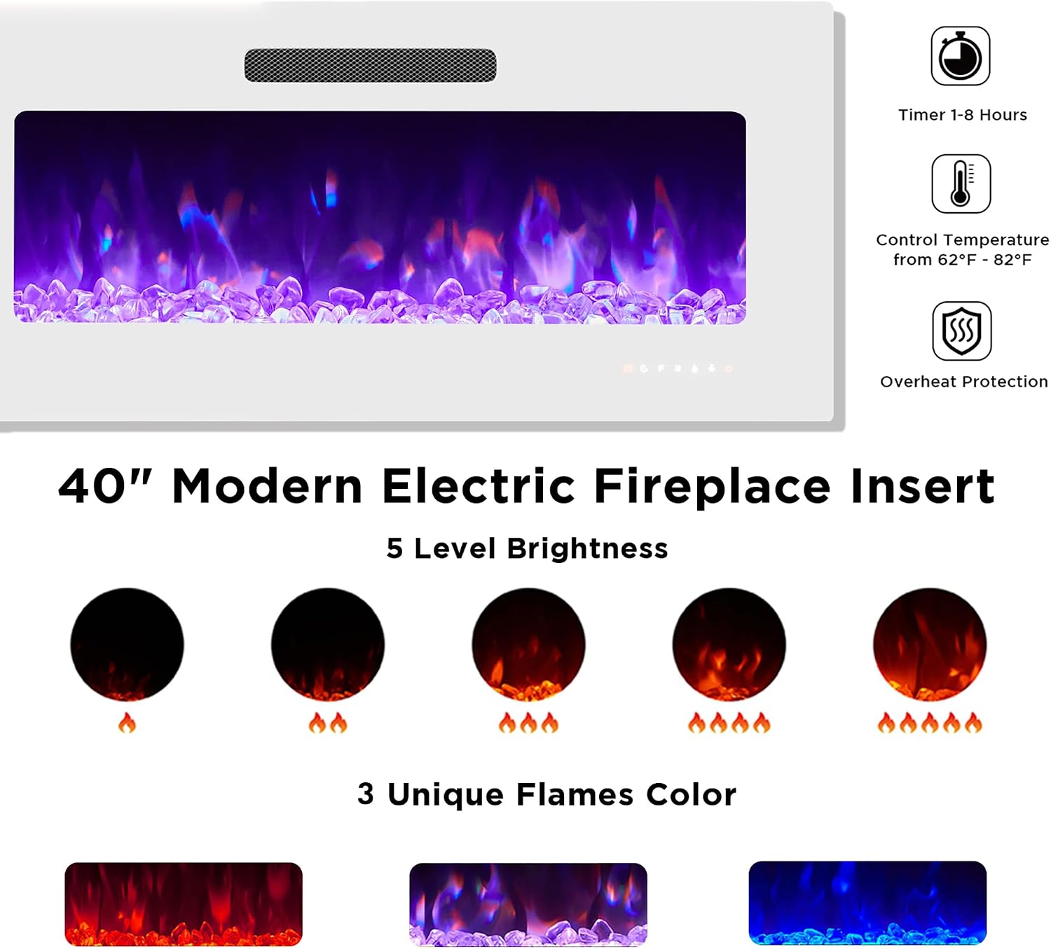VanAcc 80' Fireplace TV Stand with 40' Electric Fireplace, High Gloss Entertainment Center with LED Lights, Modern Entertainment Stand for TVs up to 90', Black&White