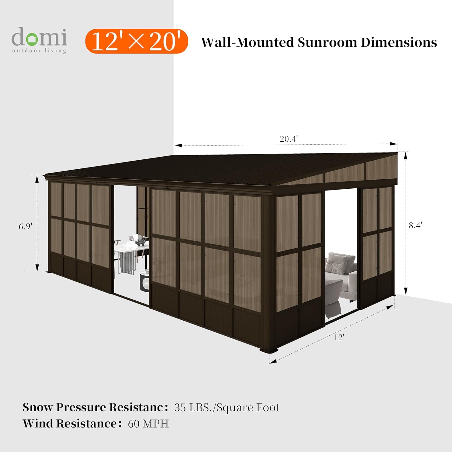 Domi 12x20FT Sunroom, Wall Mounted Sunroom Kit with Galvanized Steel Sloping Roof, Outdoor Sunroom Gazebo with Detachable PC Screen, 3 Sliding Double Doors, Lean to Sun Room for Patio, Deck