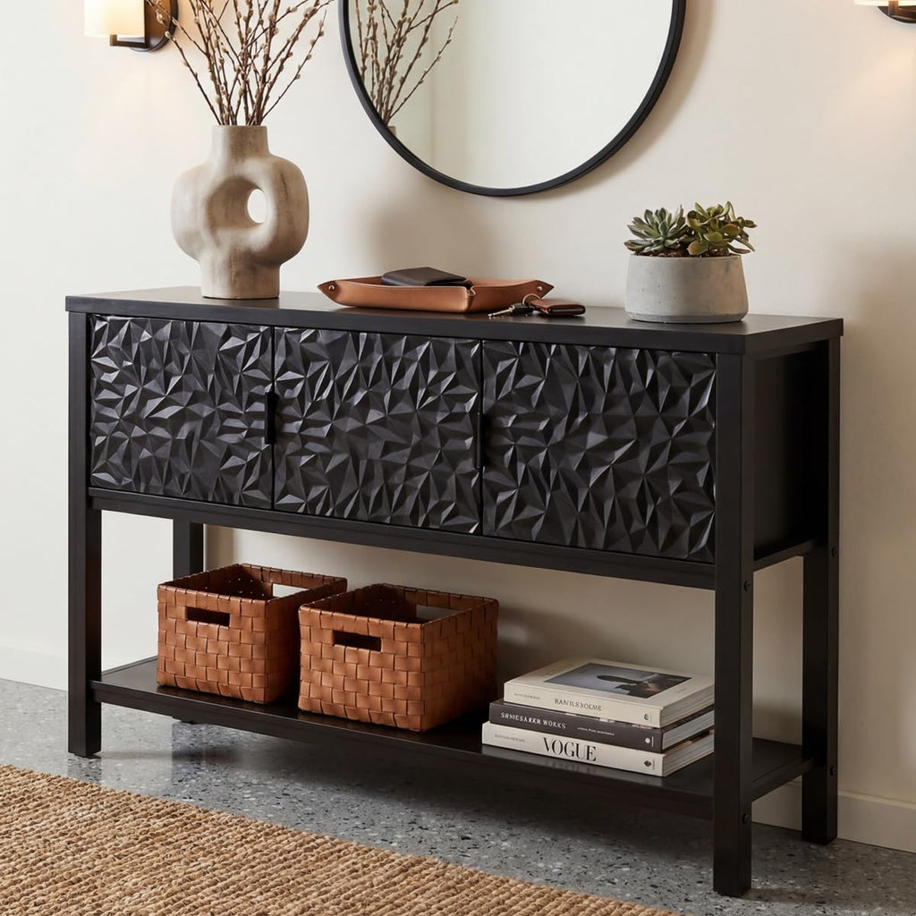FATORRI Black Console Table with Storage, 47' Modern Farmhouse Entryway Table with 3 Geometric Doors, Sofa Table for Hallway, Living Room, Foyer