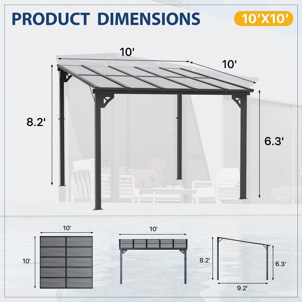 10' x 10' Wall-Mounted Gazebo Pergola, Stylish Outdoor Awning for Patio, Porch, Deck, and Backyard