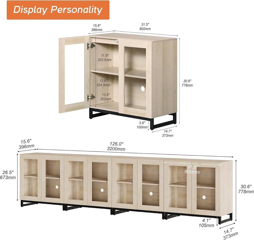 WAMPAT Modern TV Stand with Glass Doors for 80-120 inch TVs, 4 in 1 Entertainment Center Console with Adjustable Shelves and Metal Base for Living Room, Bedroom, Beige