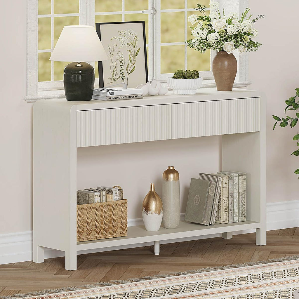 FATORRI Entryway Console Table with 2 Drawers, Modern Sofa Table for Living Room, Couch Tables Behind Sofa and Hallway Tables with Storage (47.2 inch, Antique White)