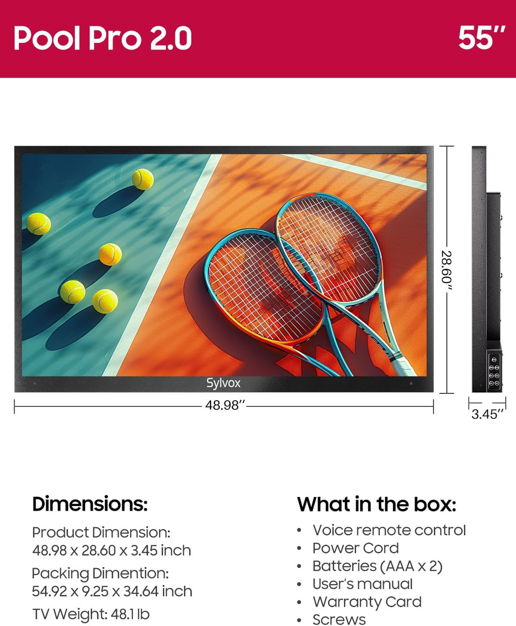 SYLVOX Outdoor TV, 55-Inch Waterproof Smart TV, 2000 nits Full Sun TV, 4K, Dolby Atmos, HDR10, Weatherproof Television with Voice Assistant Remote (Pool Pro 2.0, Latest Model)