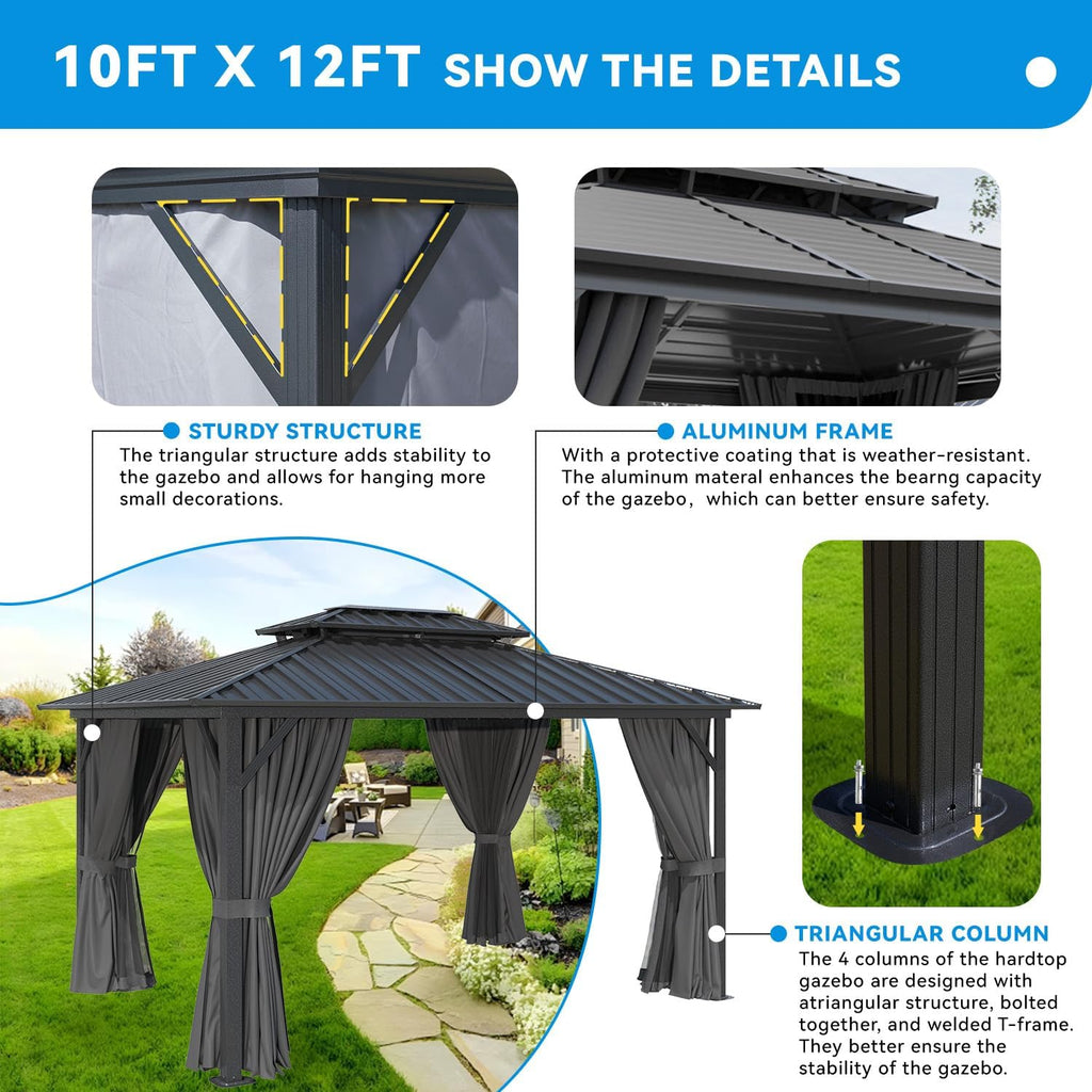 10' x 12' Hardtop Gazebo, Aluminum Frame with Double Galvanized Steel Roof, Outdoor Metal Pavilion with Mosquito Netting and Curtains for Patio, Backyard, and Deck