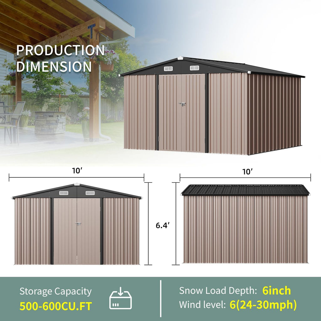 10'x10' Brown Metal Tool Shed (Without Base) Double-Door, Vent Windows,Garden, Patio, Lawn, Poolside