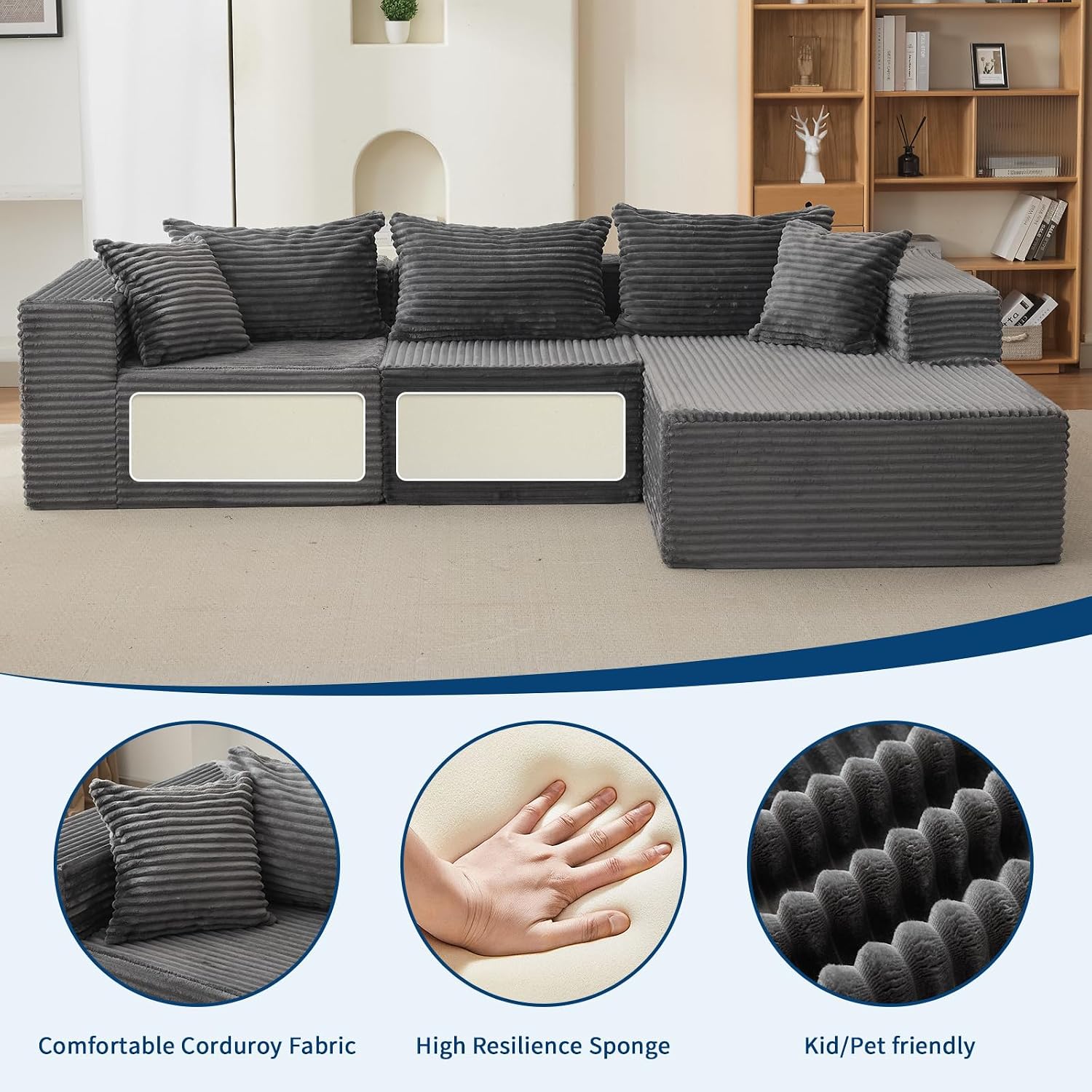 Garvee 106' Comfy Cloud Sectional Couch with Chaise, Boneless L Shaped Sofa | Fluffy Gray Couches for Living Room, Modular Sofa Couch & Bed, No Assembly Required, (Gray, Right Facing Chaise)