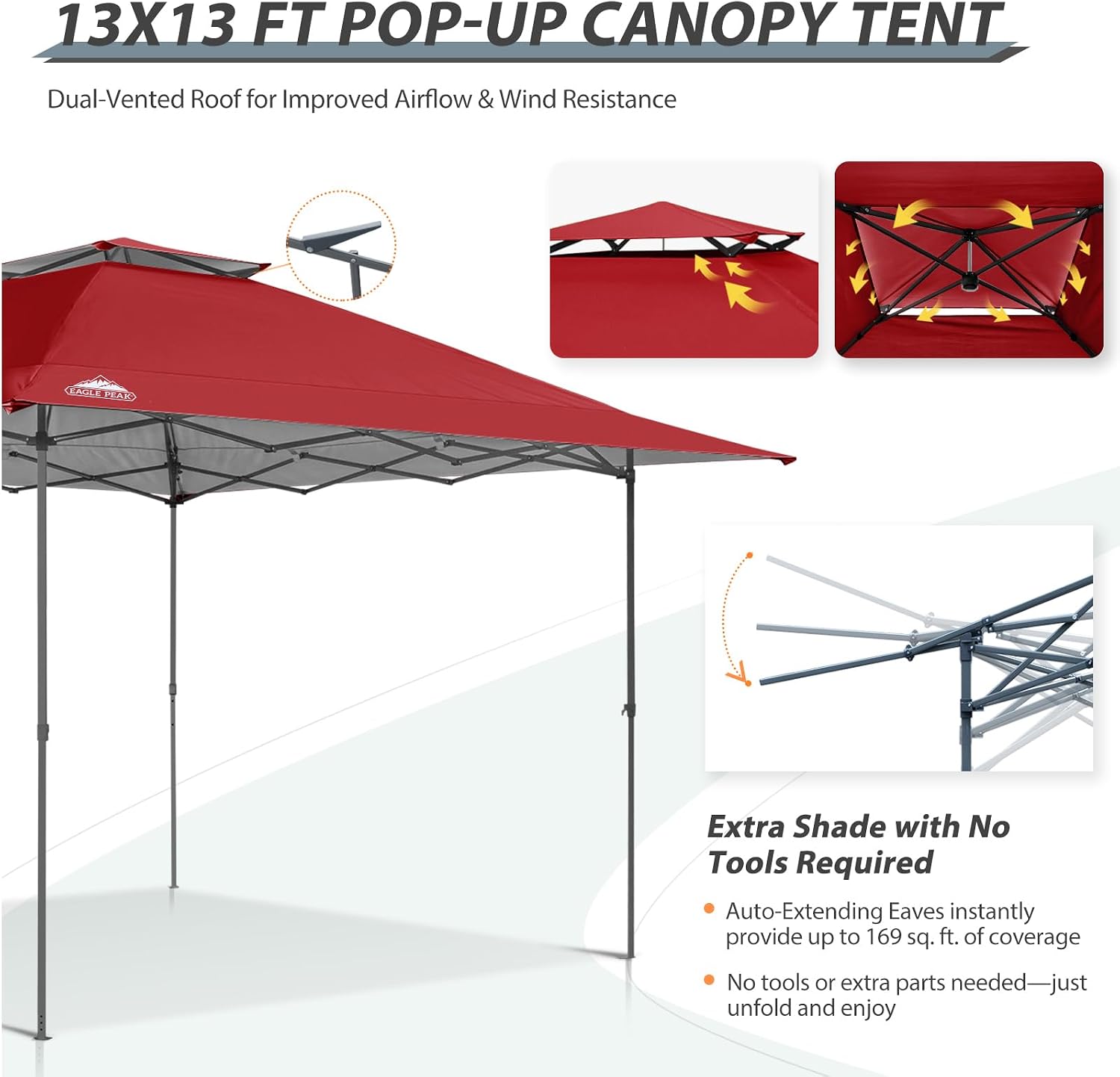 EAGLE PEAK 13x13 Straight Leg Pop Up Canopy Tent Instant Outdoor Canopy Easy Single Person Set up Folding Shelter w/Auto Extending Eaves 169 Square Feet of Shade (Red)