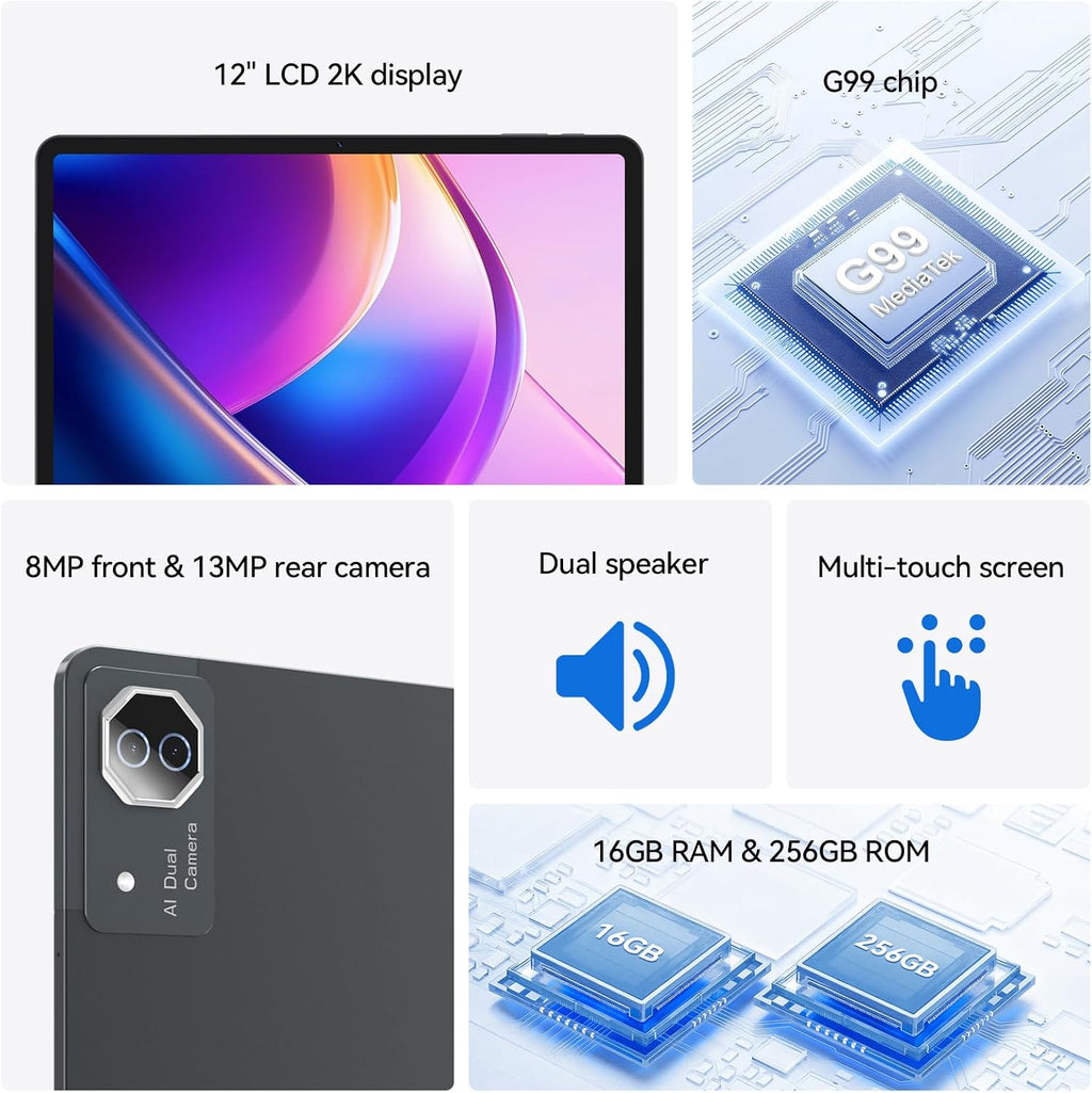 12 inch Android Tablet, 2K Display Android 15 Tablet, MTK G99 Octa-Core, 16GB 256GB 1TB Expansion, 2.4/5G WiFi, 21MP Camera, Widevine L1, Gemini AI 2.0, Tablets with Keyboard, Mouse, Case etc
