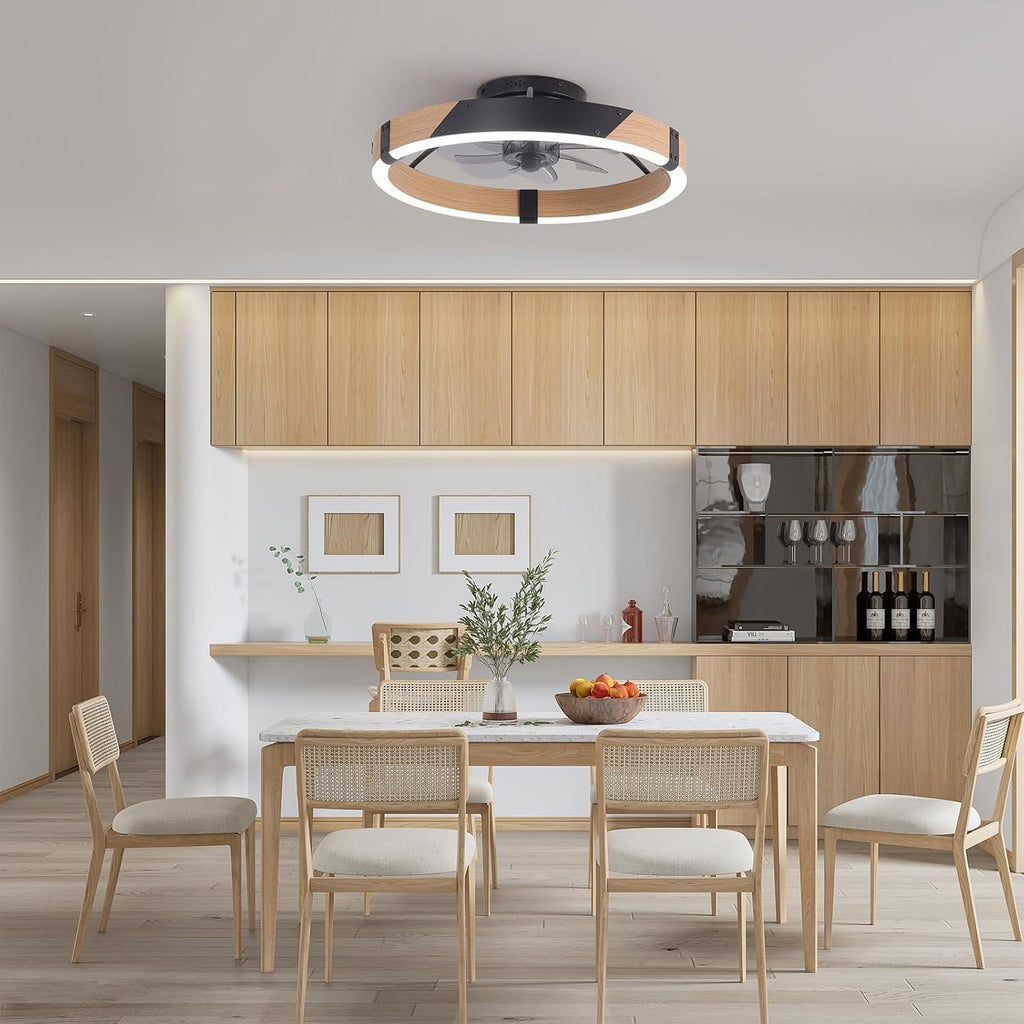 Garwarm 20IN Low Profile Ceiling Fans with Lights and Remote, 30W Fandelier Ceiling Fan Flush Mount,3000K-6500K Dimmable Bladeless LED Fan Light for Bedroom Kitchen Living Room Dining Room