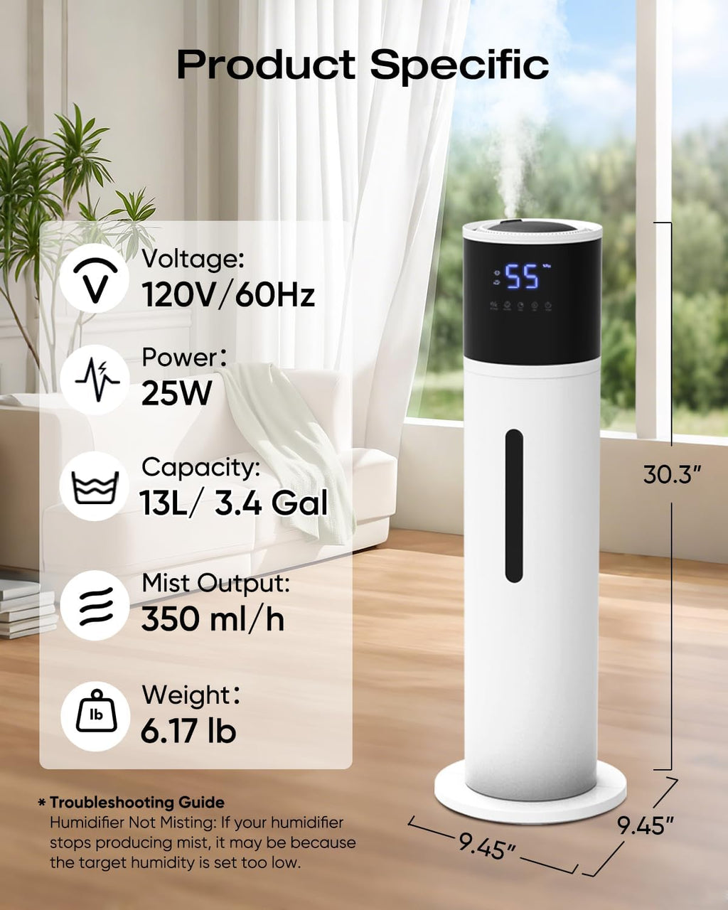 13L Humidifier Large Room, 100H Runtime 28 dB Quiet Cool Mist Air Humidifiers for Bedroom, Baby Nursery, Living Room
