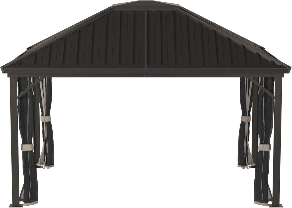 Sojag 10' x 14' Genova Hardtop Gazebo 4-Season Outdoor Weather-Resistant Aluminum Frame Shelter with Mosquito Net, Black,Brown