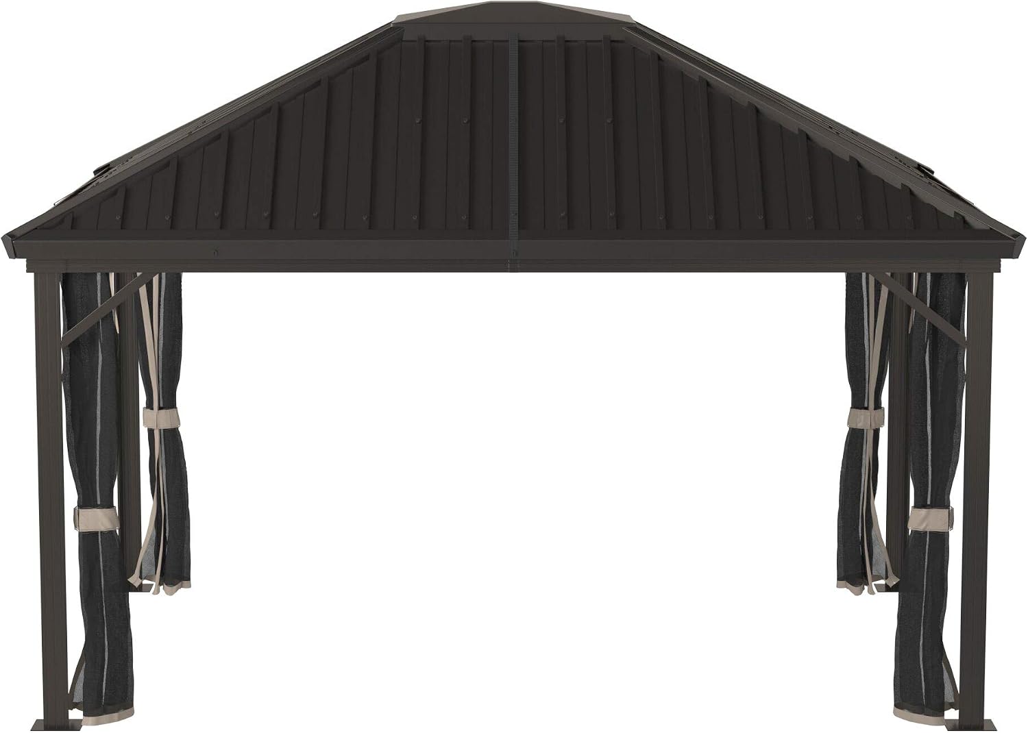 Sojag 10' x 14' Genova Hardtop Gazebo 4-Season Outdoor Weather-Resistant Aluminum Frame Shelter with Mosquito Net, Black,Brown