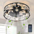 Garwarm 20in Caged Ceiling Fan with Light,Rustic Industrial Ceiling Fans with Lights and Remote,Bladeless Black Fandelier Ceiling Fan,Flush Mount Fan Lights for Kitchen,Bedroom（6 Speed,Timing）