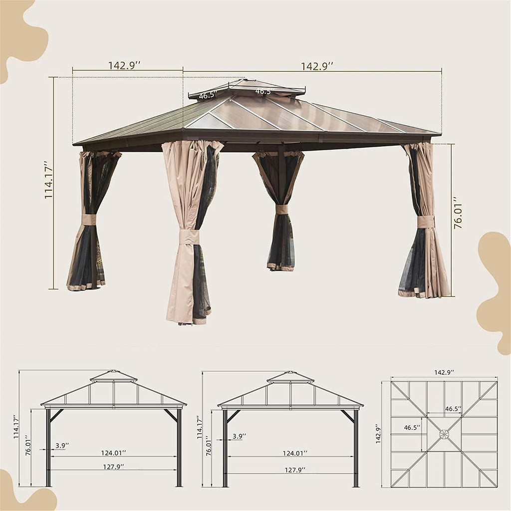 12'x12' Hardtop Gazebo, Pent Outdoor Gazebo with Polycarbonate Double Roof, Aluminum Gazebo Pavilion with Curtain and Net for Garden, Patio, Lawns, Deck, Backyard(Brown)