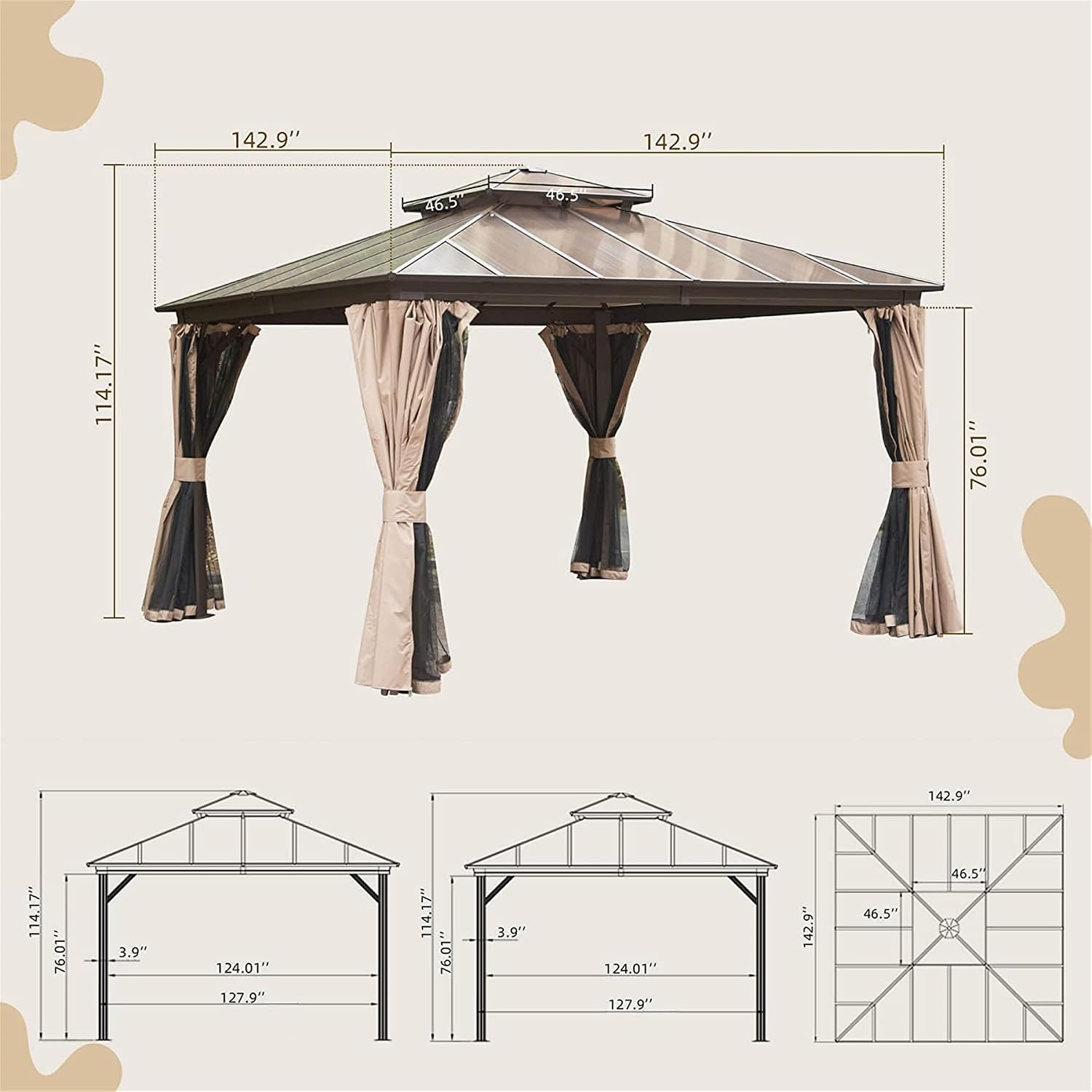 12'x12' Hardtop Gazebo, Pent Outdoor Gazebo with Polycarbonate Double Roof, Aluminum Gazebo Pavilion with Curtain and Net for Garden, Patio, Lawns, Deck, Backyard(Brown)