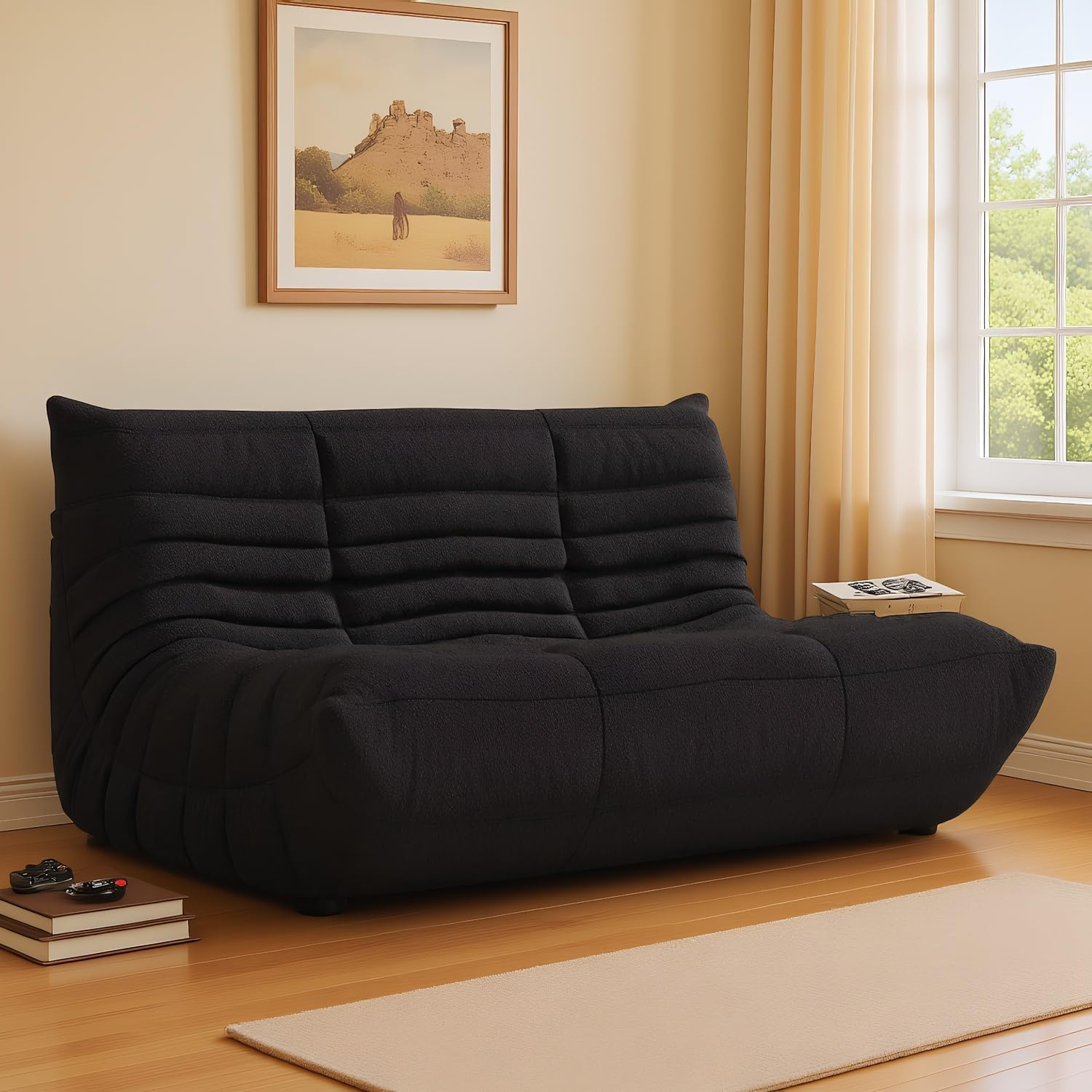 Giant Loveseat Boneless Bean Bag Chair for Adults - Teddy Fleece Fireside Accent Chair with Memory Foam, Comfy Lazy Floor Sofa Couch Chaise Lounge for Living Room Bedroom Theater, 2 Seater, Black