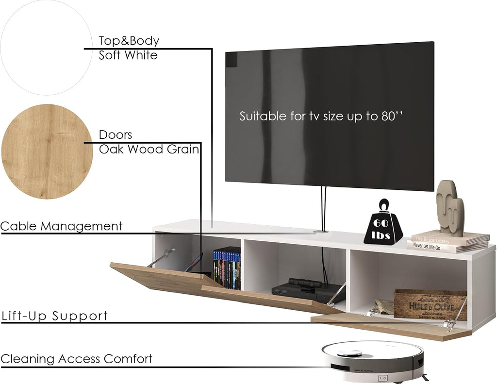 Atelier Mobili Oak TV Console, Wall Mounted TV Stand for Up to 75 Inch TV, Entertainment Center with Floating Shelf