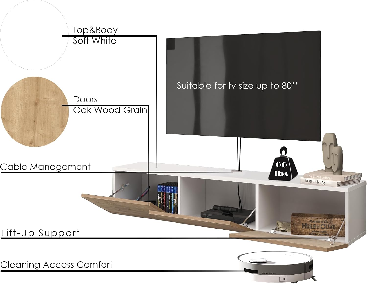 Atelier Mobili Oak TV Console, Wall Mounted TV Stand for Up to 75 Inch TV, Entertainment Center with Floating Shelf