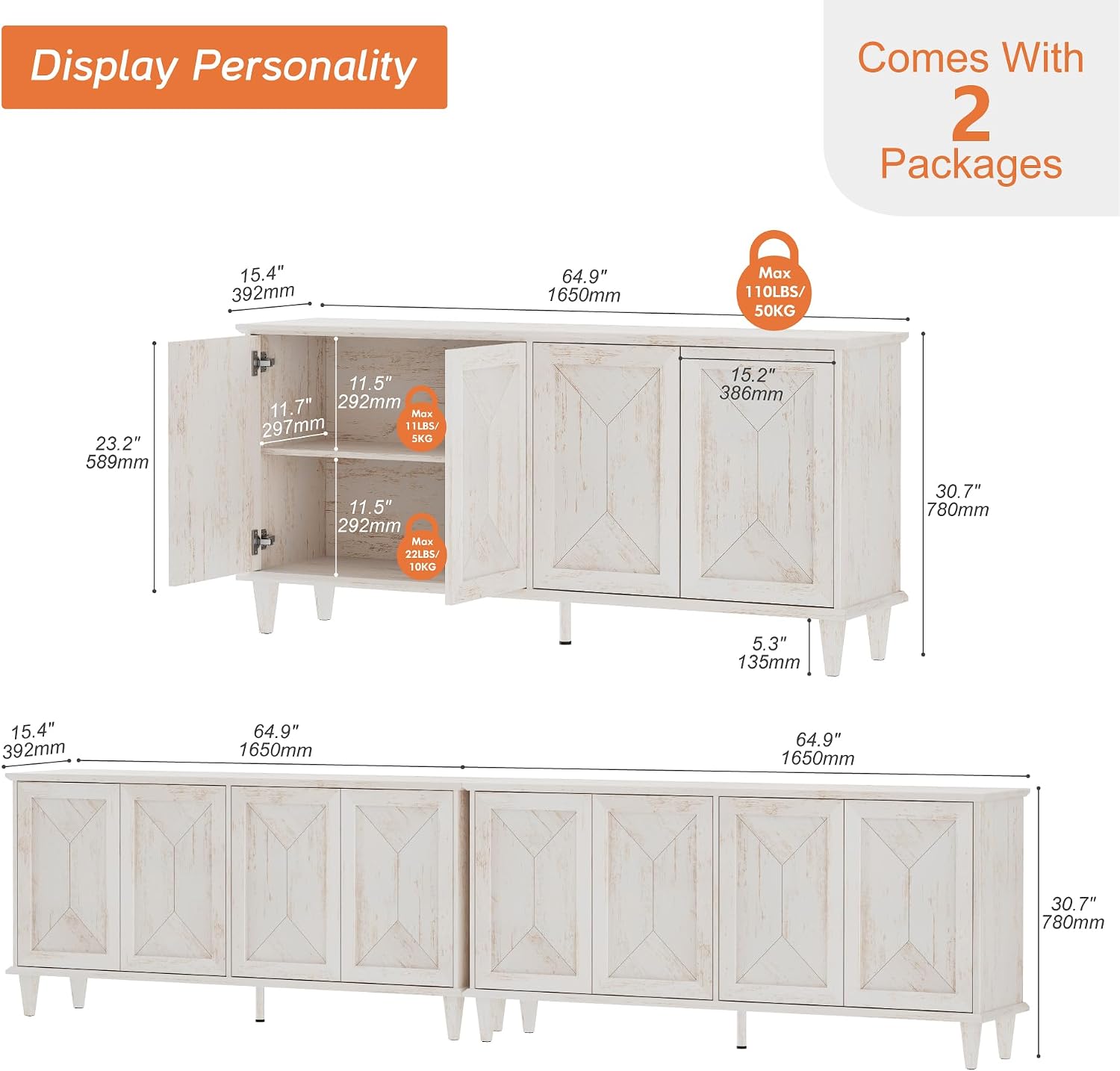 WAMPAT 130' Large Double Unit Entertainment Center TV Stand, Modern Farmhouse Console with Handcrafted Patchwork Doors, Massive Storage with Adjustable Shelves & Cable Management,Pale Oak
