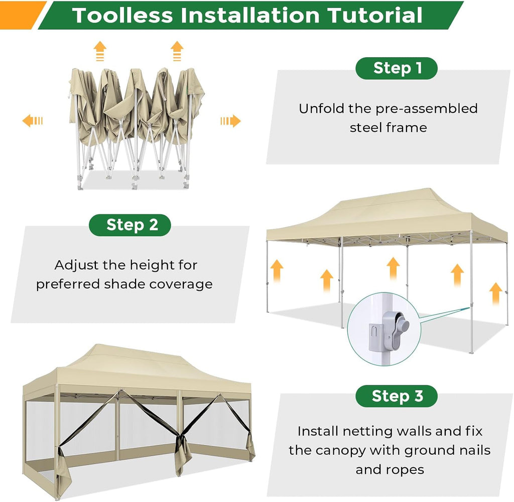 COBIZI 10x20 Heavy Duty Pop Up Canopy Tent with 6 Sidewalls, Easy Set Up Outdoor Waterproof Screen Commercial Party Tent with Mosquito Netting for Parties Backyard Patio, Roller Bag, Khaki