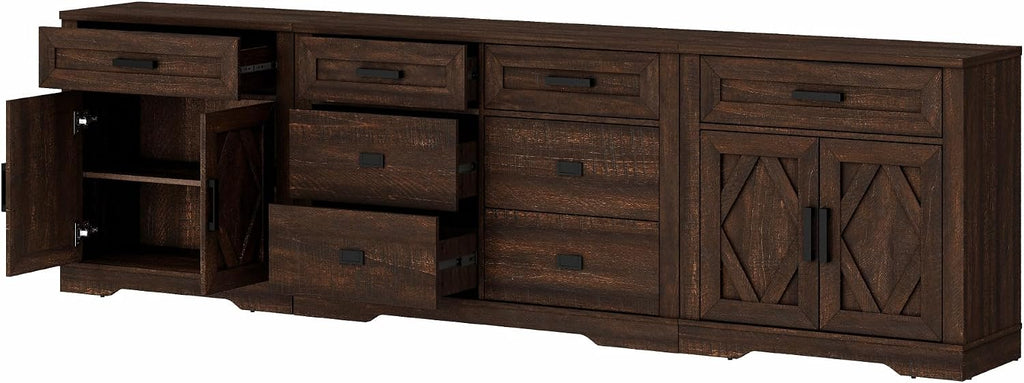 WAMPAT 110' W Large TV Stand,3-in-1 Farmhouse Entertainment Center with Storage Barn Door Cabinet,TV Console Table with Media Cabinet and Drawers for Living Room,Bedroom,Dark Brown