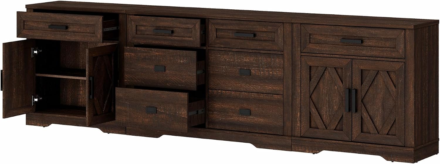 WAMPAT 110' W Large TV Stand,3-in-1 Farmhouse Entertainment Center with Storage Barn Door Cabinet,TV Console Table with Media Cabinet and Drawers for Living Room,Bedroom,Dark Brown