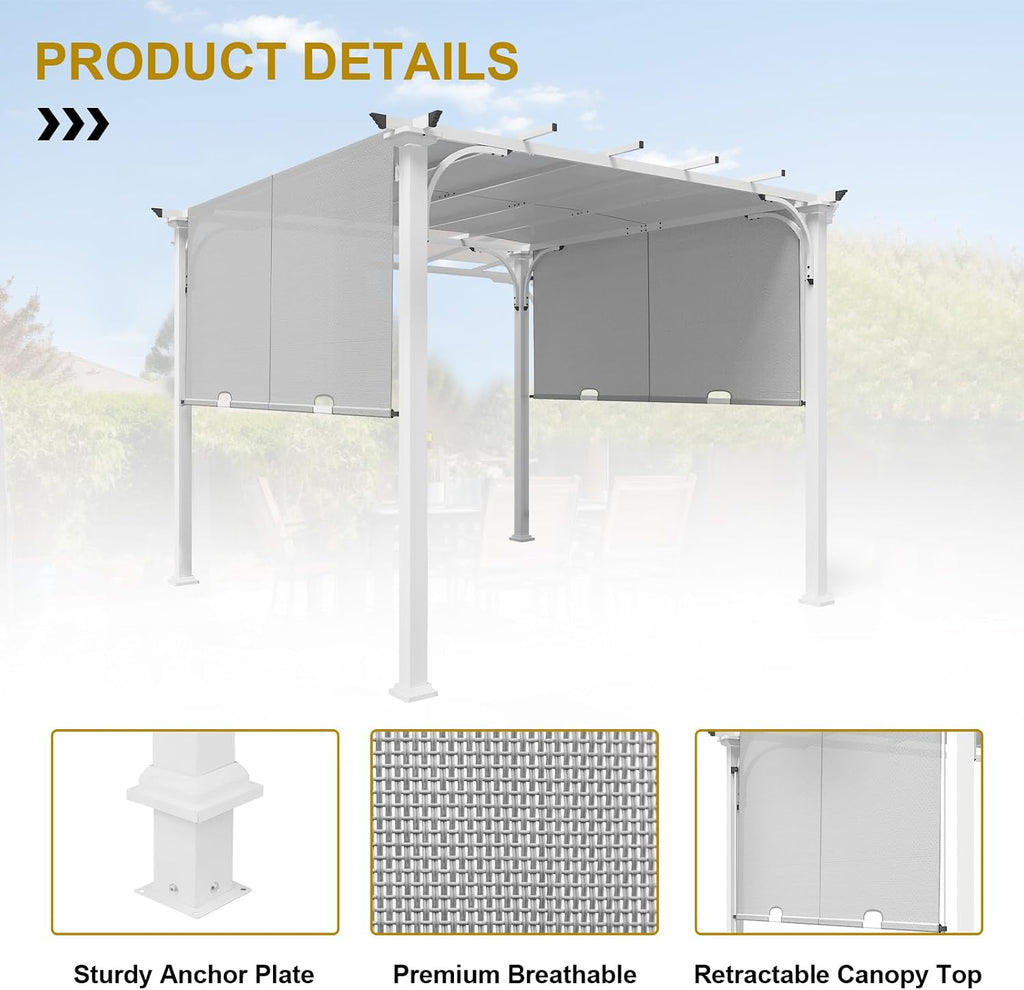 10'x10' Outdoor Pergola Gazebo with Retractable Textilene Canopy Shade, Steel Pergola for Patio, Backyard, Garden and Lawn, Gray