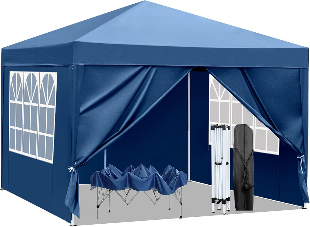 10x10 Pop Up Canopy Tent with Sidewalls, 3 Height Adjustable Beach Tent with Carrying Bag, 8 Stakes & 4 Ropes, Easy Set Up Gazebo for Events, Party, Wedding (10x10FT Blue with 4Sidewalls)