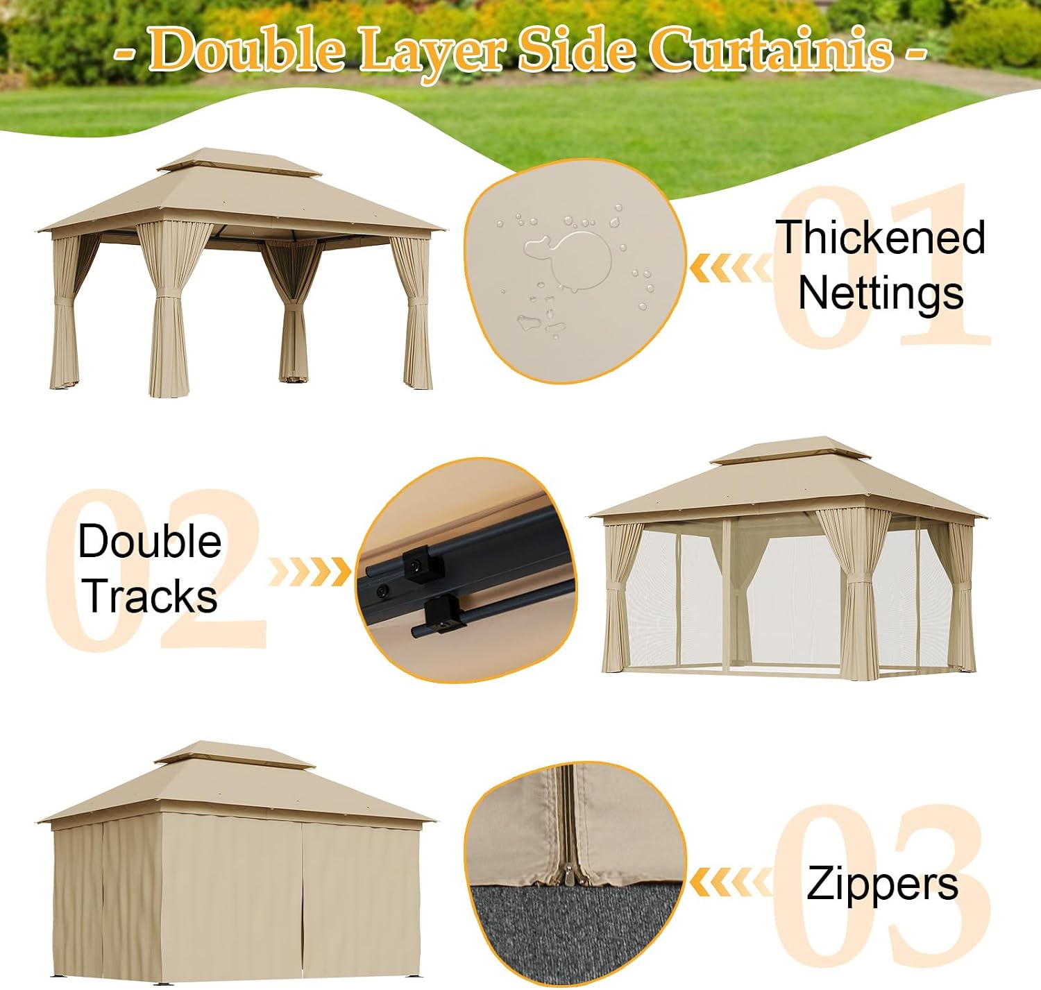 10' x 13' Khaki Large Pillar Double Roof Fabric Top Gazebo, Outdoor Patio Canopy with Curtains for Backyard, Garden, Lawn, and Events