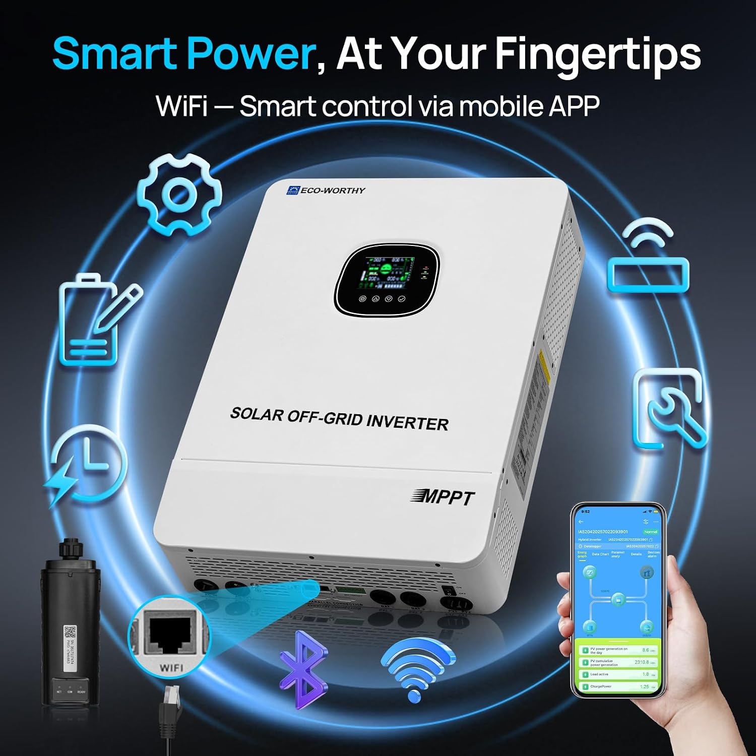 ECO-WORTHY 10000W DC 48V UL1741 Solar Inverter with WiFi,AC Output 120V/240V,Support Parallel,Built-in 2 MPPT Solar Controllers,Max 200A Battery Charging,Parallel Up to 6 Units 48V Inverter Charger